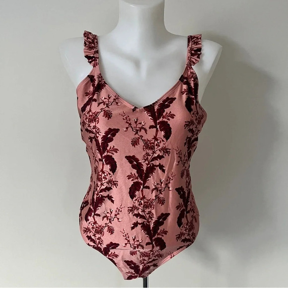 Topshop Swimsuit One Piece  Bathing Suit Floral Pink Ruffle Frill Romantic Sz 8 - Picture 3 of 16